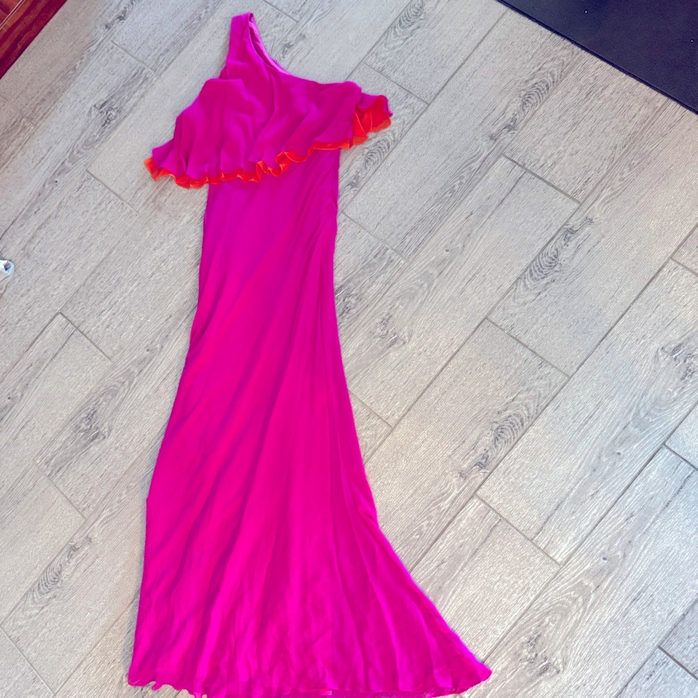 JILL STUART Fuchsia Orange chiffon One Shoulder Gown size 6 Neiman Marcus
